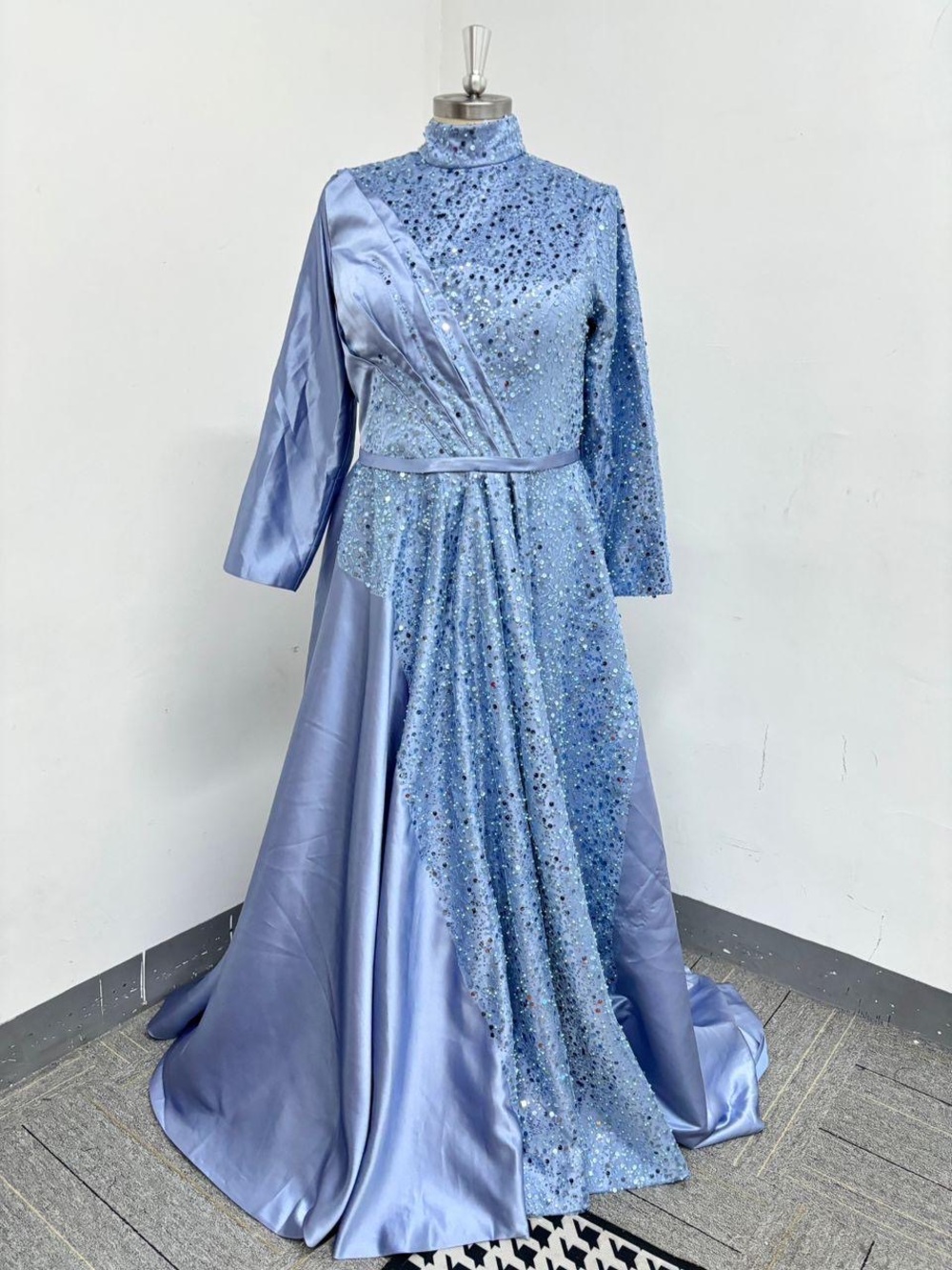 Beginning Boutique Light Blue Sequin Embellished Long Sleeve Gown